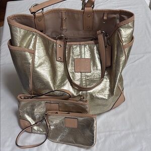 Coach Gold and Tan Tote Bag Set with Leather Trim